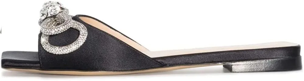 Divanne Slide Sandals for Women, Rhinestone Sandal Flats Bow Slippers Comfort Dressy Flat Slides