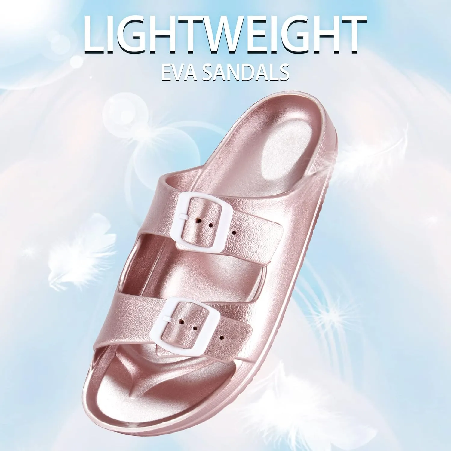 DL Women's Slides-Sandals Double Buckle Slip on-Summer-Slippers Adjustable EVA-Sandals Waterproof Swim Pool Bath Shower Shoes for Women Comfortable Non Slip
