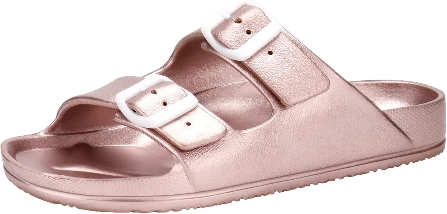 DL Women's Slides-Sandals Double Buckle Slip on-Summer-Slippers Adjustable EVA-Sandals Waterproof Swim Pool Bath Shower Shoes for Women Comfortable Non Slip