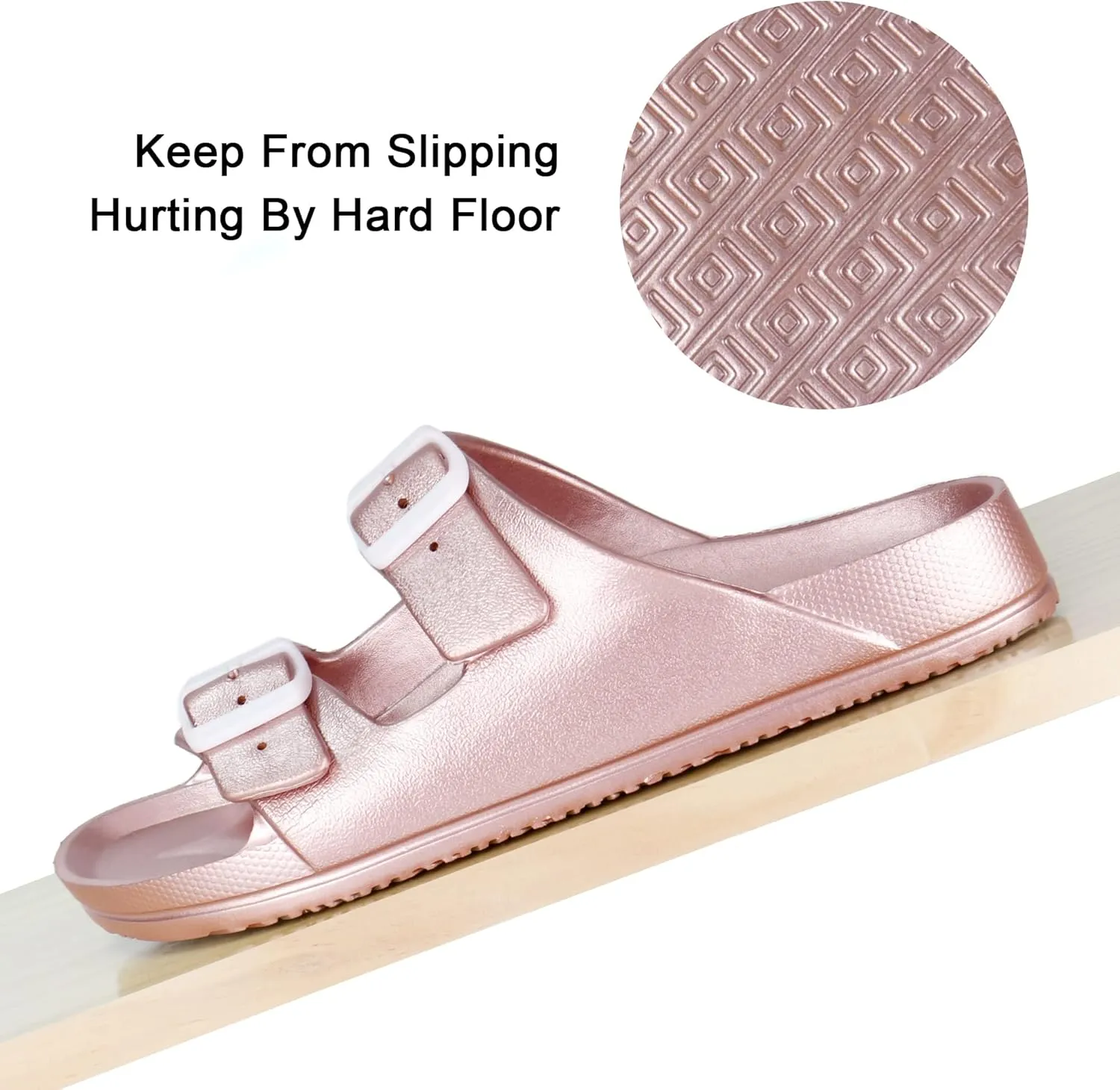 DL Women's Slides-Sandals Double Buckle Slip on-Summer-Slippers Adjustable EVA-Sandals Waterproof Swim Pool Bath Shower Shoes for Women Comfortable Non Slip