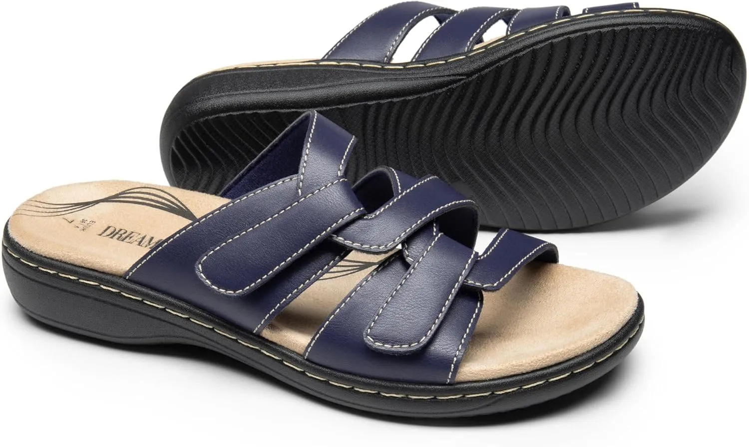 DREAM PAIRS Womens Slides Arch Support Slip on Flat Sandals Comfort Plantar Fasciitis Soft Cushion Slippers With Adjustable Straps