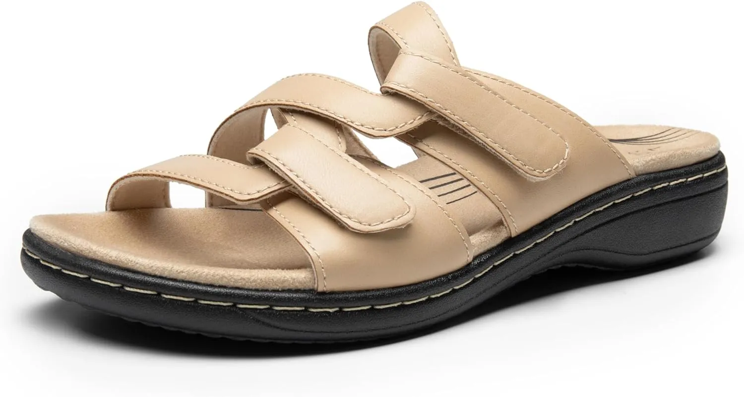DREAM PAIRS Womens Slides Arch Support Slip on Flat Sandals Comfort Plantar Fasciitis Soft Cushion Slippers With Adjustable Straps