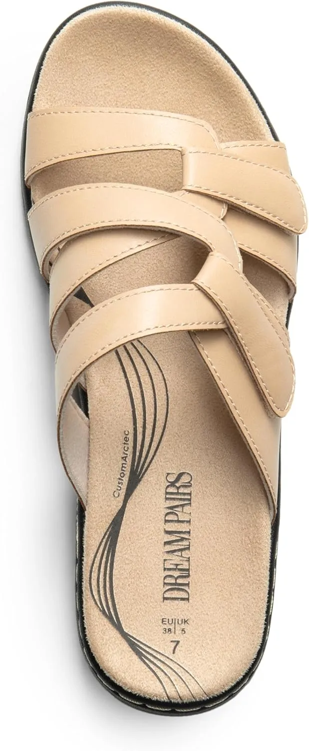 DREAM PAIRS Womens Slides Arch Support Slip on Flat Sandals Comfort Plantar Fasciitis Soft Cushion Slippers With Adjustable Straps
