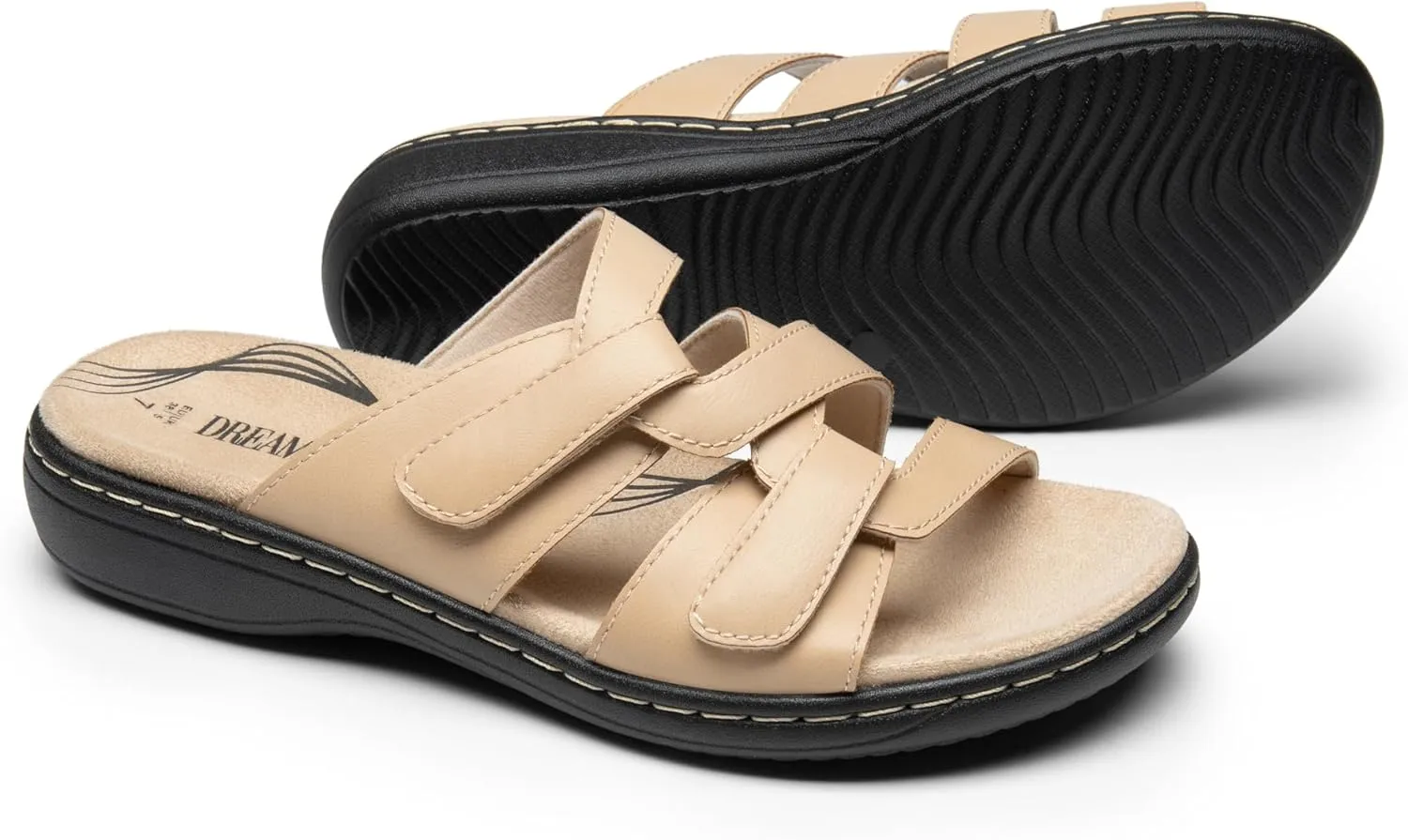 DREAM PAIRS Womens Slides Arch Support Slip on Flat Sandals Comfort Plantar Fasciitis Soft Cushion Slippers With Adjustable Straps