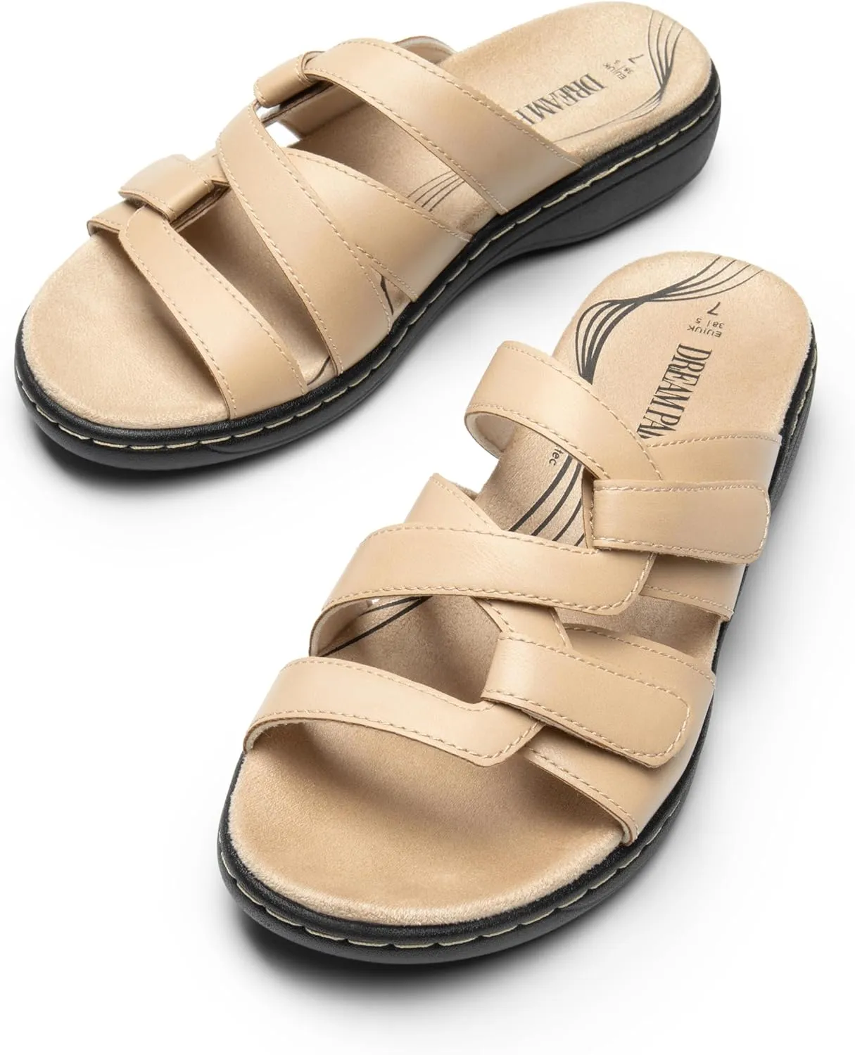 DREAM PAIRS Womens Slides Arch Support Slip on Flat Sandals Comfort Plantar Fasciitis Soft Cushion Slippers With Adjustable Straps