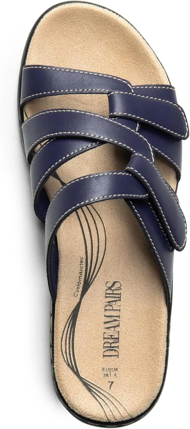 DREAM PAIRS Womens Slides Arch Support Slip on Flat Sandals Comfort Plantar Fasciitis Soft Cushion Slippers With Adjustable Straps
