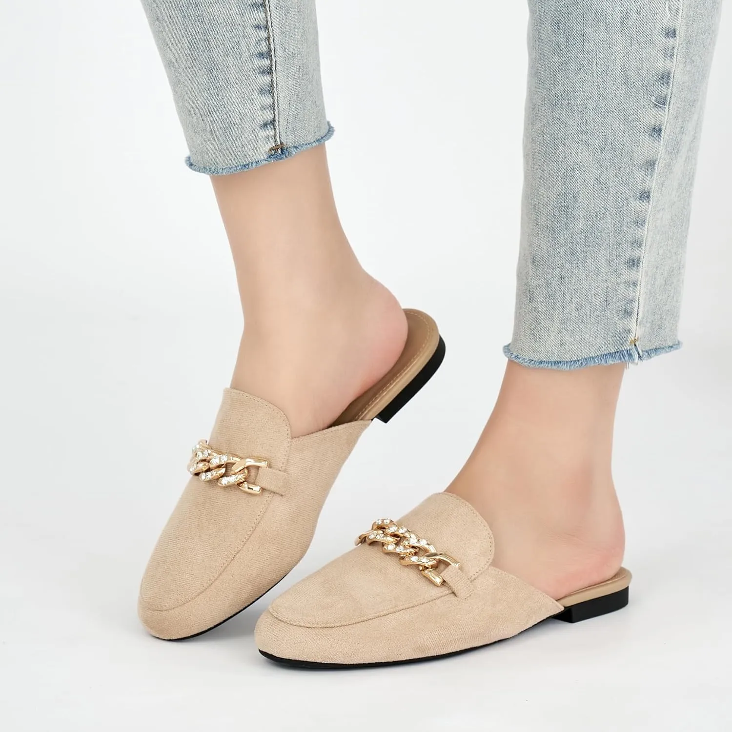 Ecetana Women Mules Flats Shoes Comfortable Metal Chain Rhinestone Round Toe Backless Loafers Slip on Casual Slides