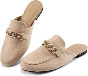 Ecetana Women Mules Flats Shoes Comfortable Metal Chain Rhinestone Round Toe Backless Loafers Slip on Casual Slides