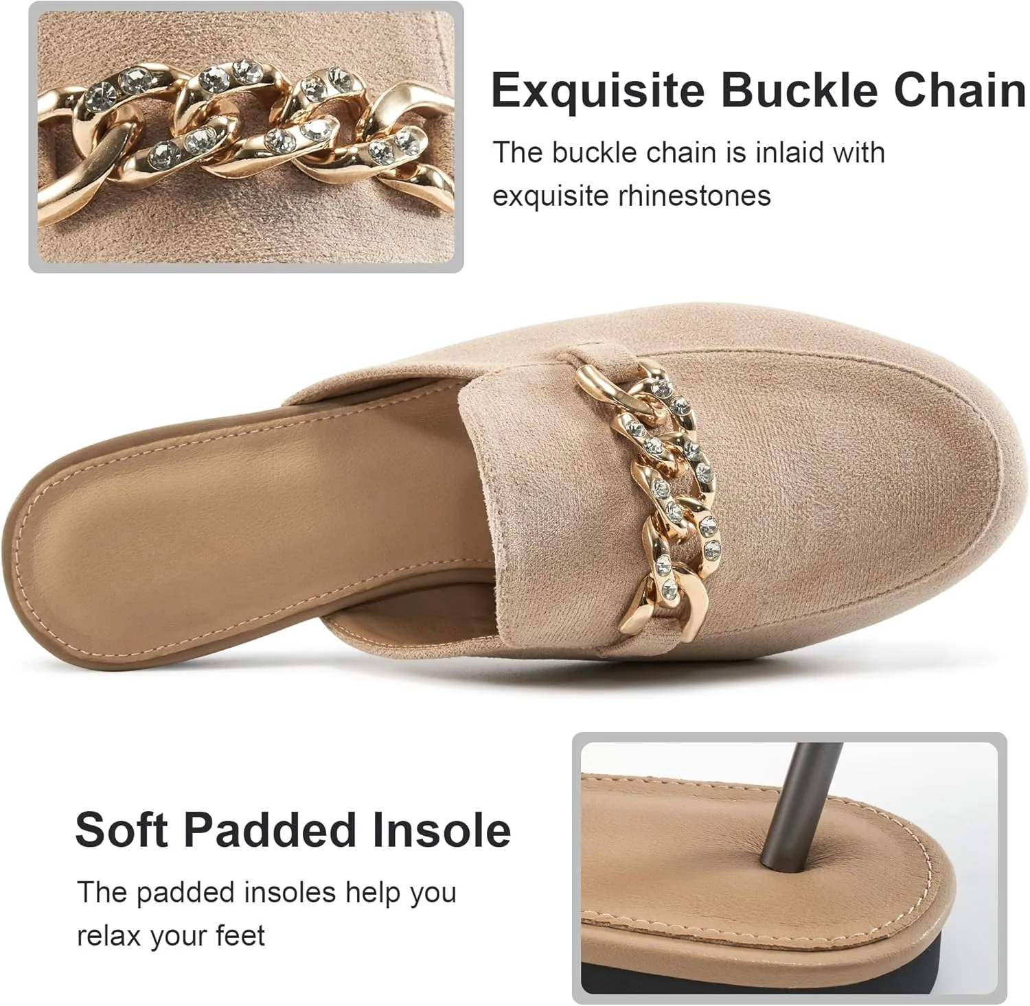 Ecetana Women Mules Flats Shoes Comfortable Metal Chain Rhinestone Round Toe Backless Loafers Slip on Casual Slides