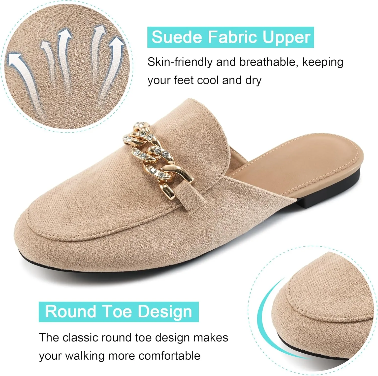 Ecetana Women Mules Flats Shoes Comfortable Metal Chain Rhinestone Round Toe Backless Loafers Slip on Casual Slides