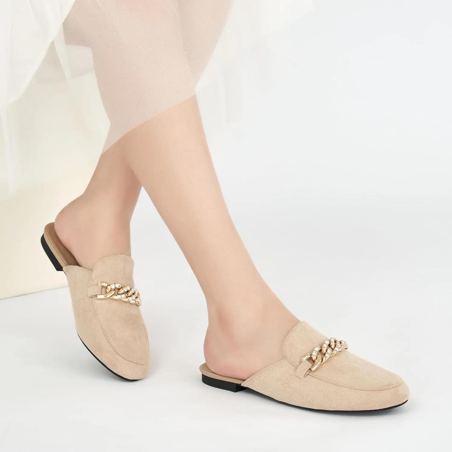 Ecetana Women Mules Flats Shoes Comfortable Metal Chain Rhinestone Round Toe Backless Loafers Slip on Casual Slides