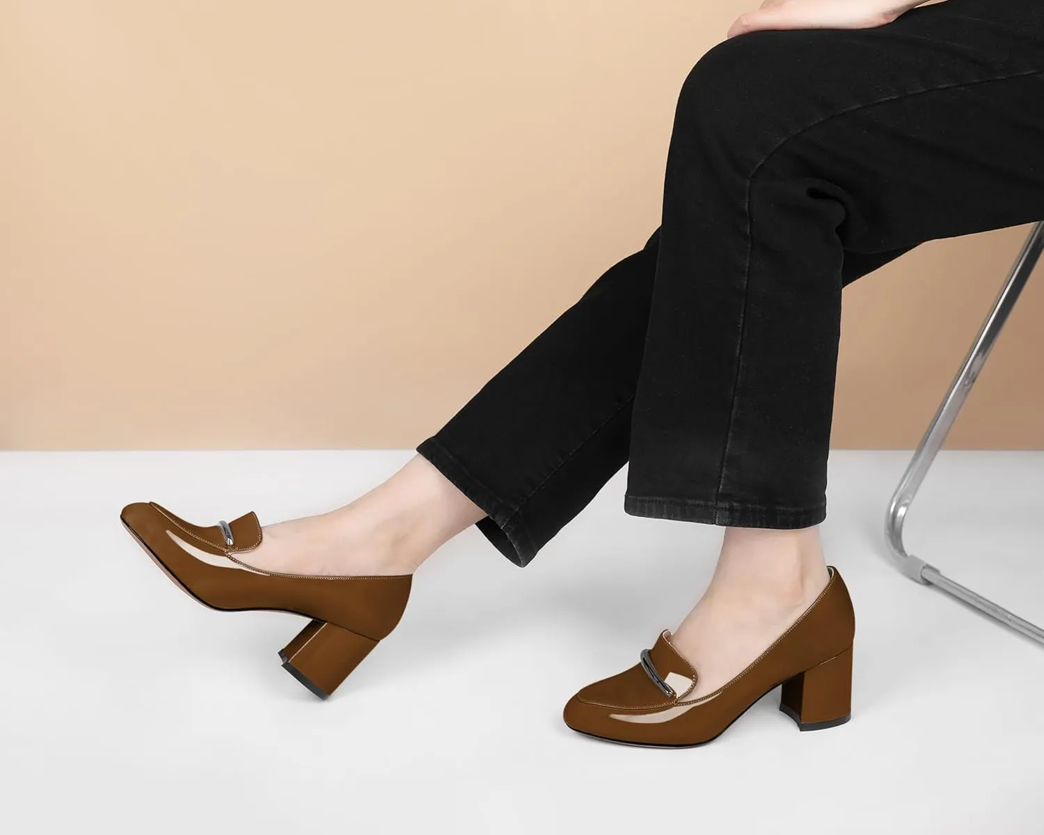 Eldof Women's Pumps Block Heel Round Toe Slip On Chunky Loafer Heel Dress Shoes Pumps for Women 2.5 Inches