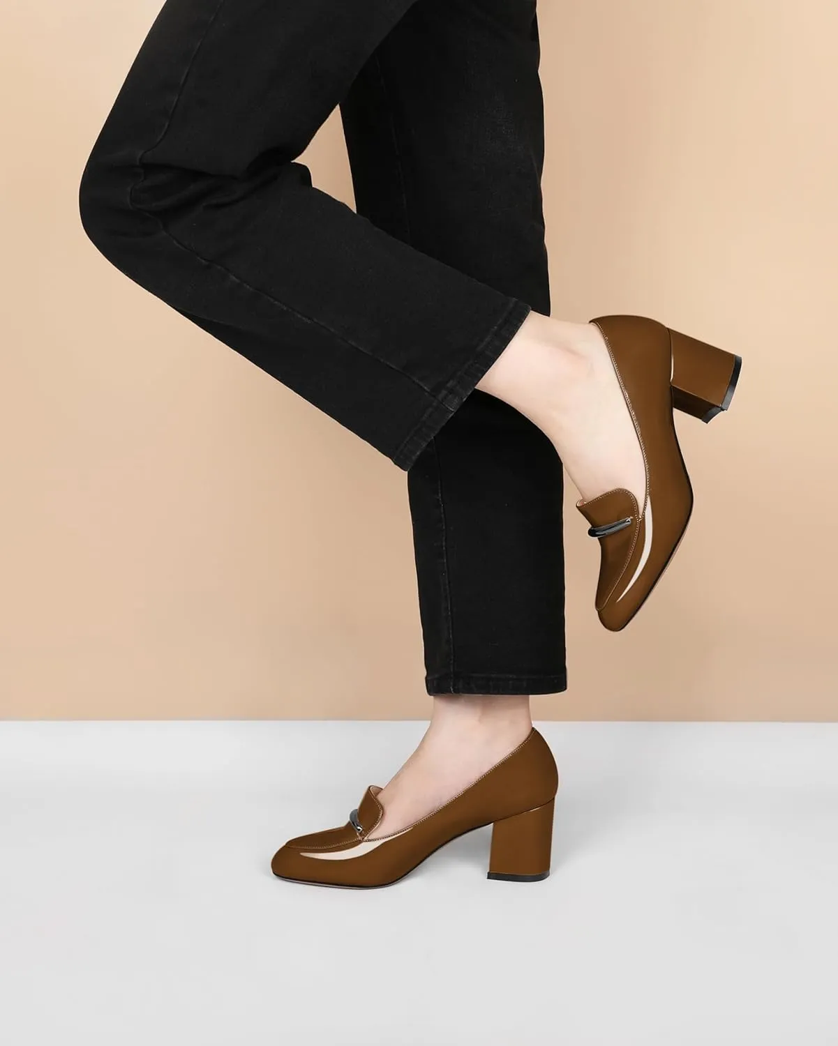 Eldof Women's Pumps Block Heel Round Toe Slip On Chunky Loafer Heel Dress Shoes Pumps for Women 2.5 Inches