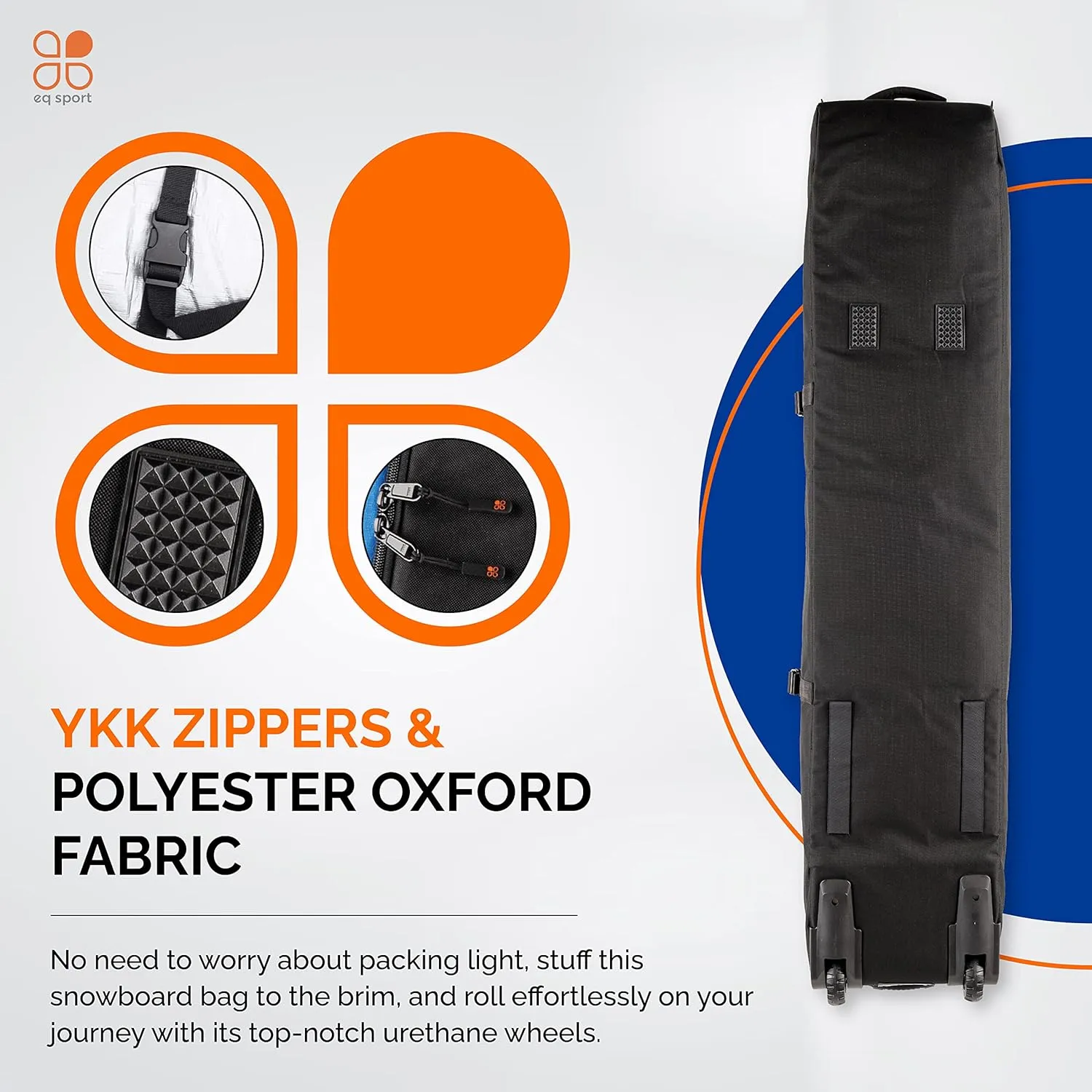 EQ SPORT Snowboard Bag with Wheels - Fully Padded & Waterproof Rolling Snowboard Bag for Air Travel, Boot Bag Included - Fits 2 Boards - Heavy-Duty YKK Zippers - Storage for Snow Gears