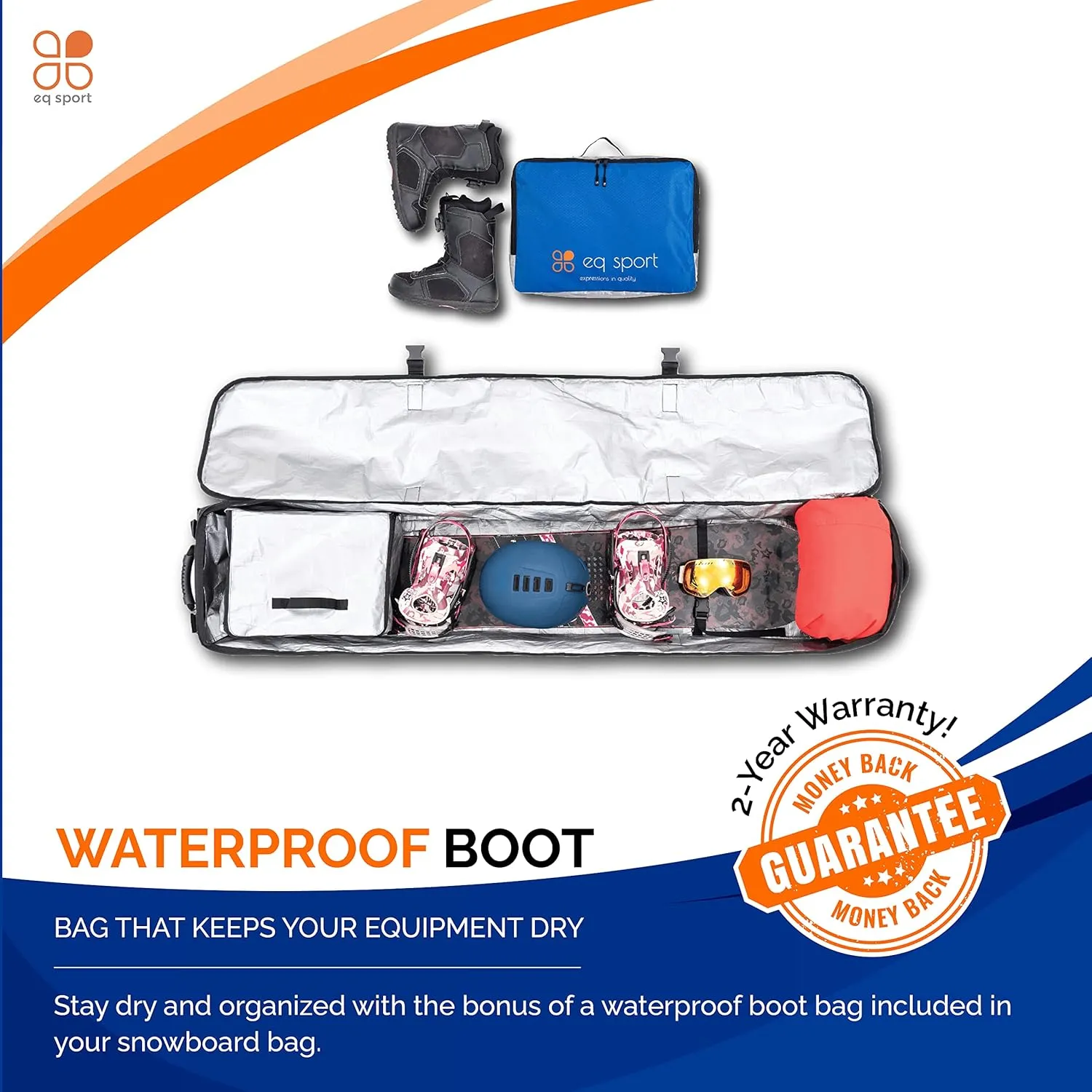 EQ SPORT Snowboard Bag with Wheels - Fully Padded & Waterproof Rolling Snowboard Bag for Air Travel, Boot Bag Included - Fits 2 Boards - Heavy-Duty YKK Zippers - Storage for Snow Gears