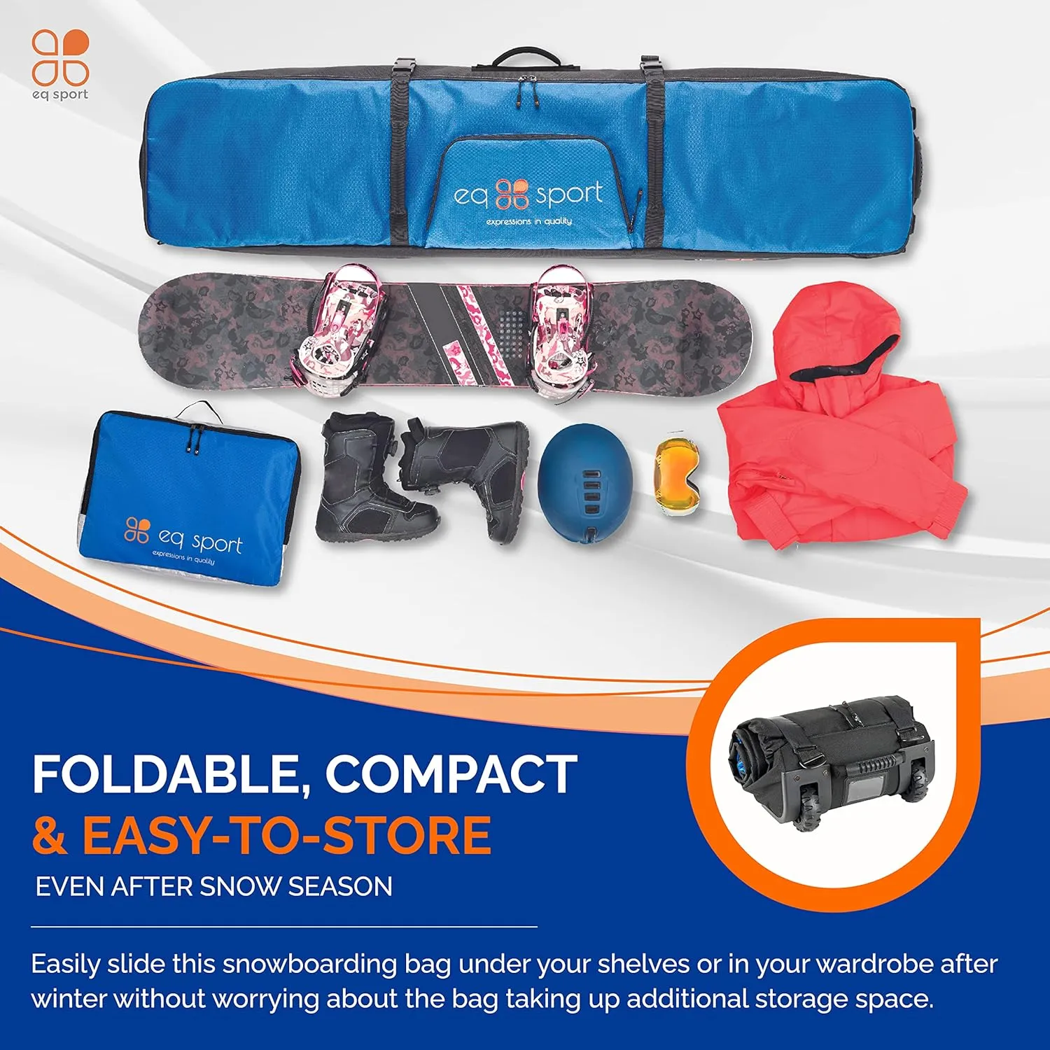 EQ SPORT Snowboard Bag with Wheels - Fully Padded & Waterproof Rolling Snowboard Bag for Air Travel, Boot Bag Included - Fits 2 Boards - Heavy-Duty YKK Zippers - Storage for Snow Gears