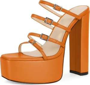 Esvowido Platform Chunky Heels for Women Square Open Toe Adjustable Straps Platform Mule Sandals with High Heel for Party Prom Wedding