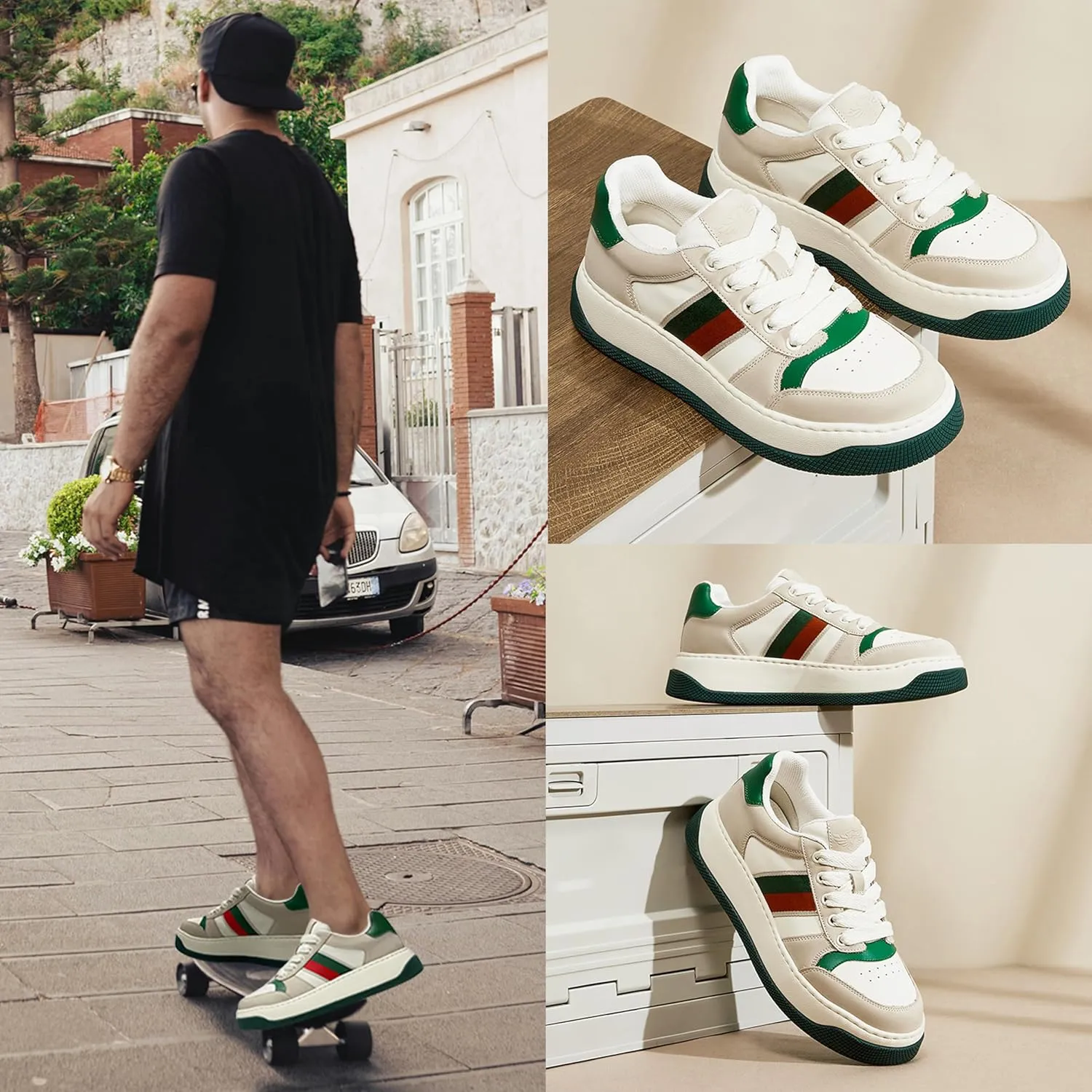 Fashion Sneakers for Men Women, Cowhide Premium Leather Luxury Designer Shoes, Breathable and Comfort Tennis Walking Shoes for Casual Dress
