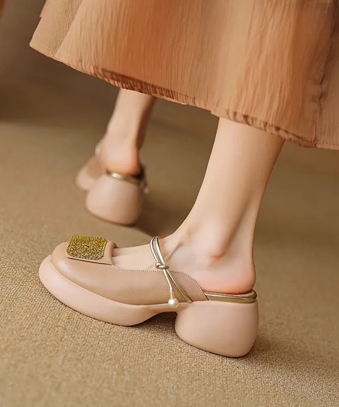 Faux Sandals Splicing Heel Leather Chunky Apricot Slide New