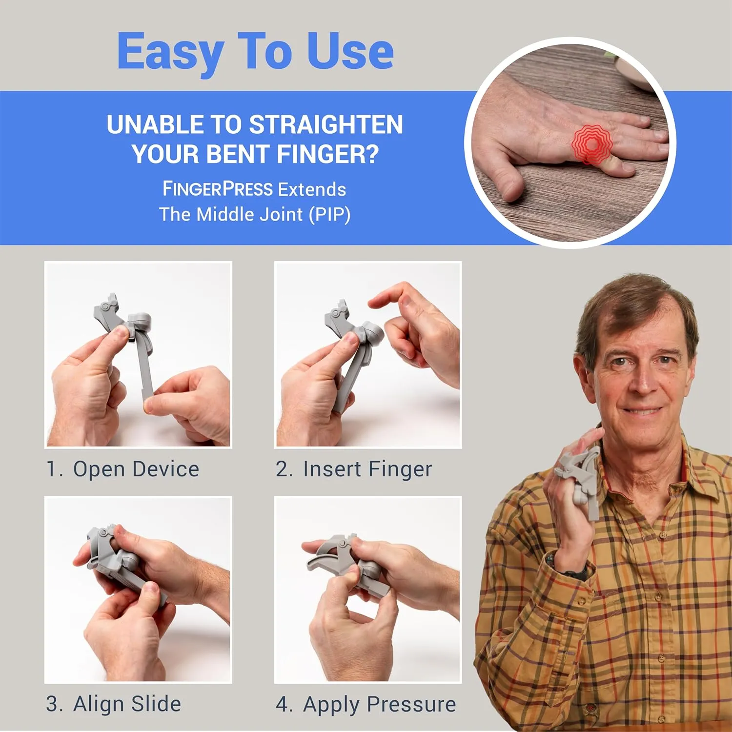 Finger Straightener | PIP Extension Orthosis/Splint For Bent Fingers, PIP Flexion Contractures | Adjustable Joint Stretcher Device | Made in USA | Gray/Medium