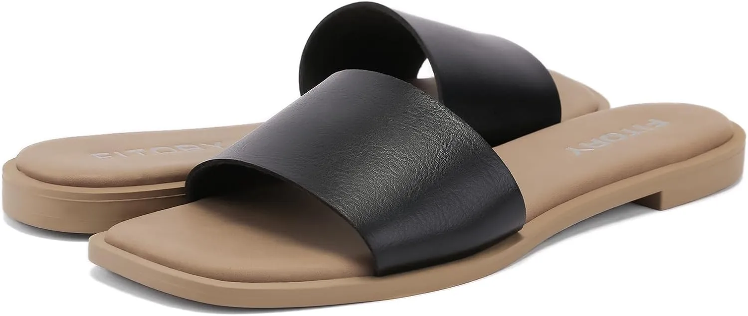 FITORY Women's Slide Sandals Fashion Square Open Toe with Cushioned Footbed Slippers for Beach Size