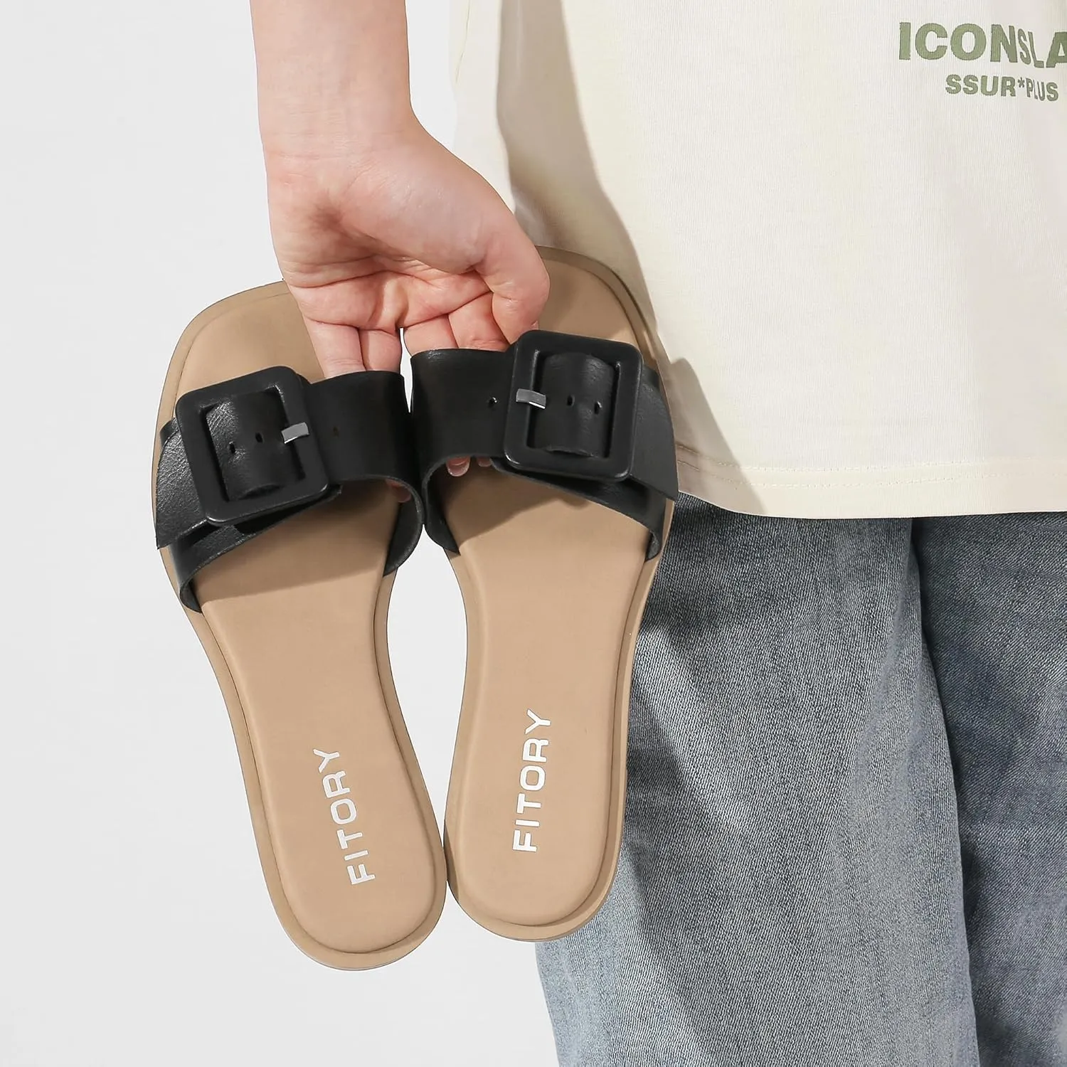 FITORY Women's Slide Sandals Fashion Square Open Toe with Cushioned Footbed Slippers for Beach Size
