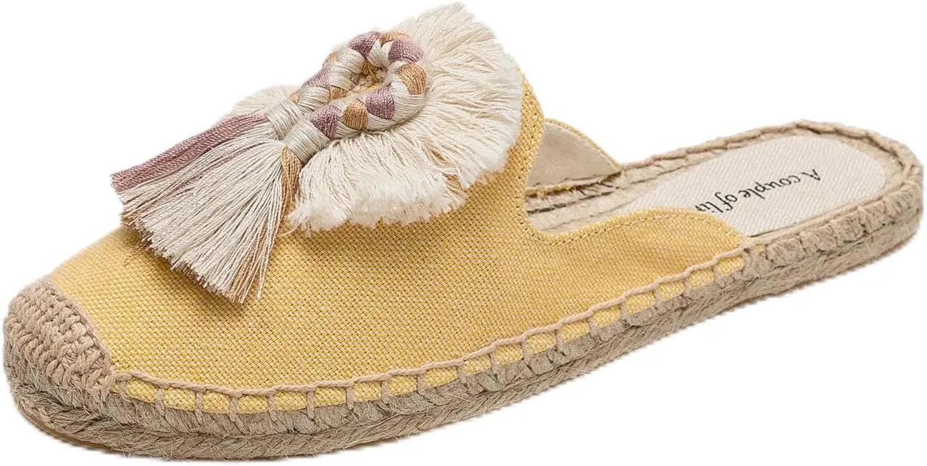 Flat Espadrillles Mules - Comfortable Women's Mules Shoes Breathable Women's Mule Embroidered Ball Decorative Rubber Outsole, Suitable for Outdoor and Indoor Wearing