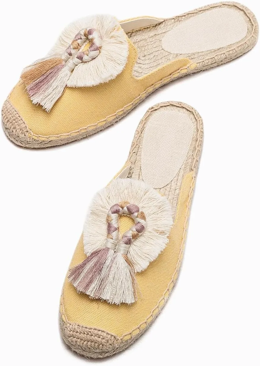 Flat Espadrillles Mules - Comfortable Women's Mules Shoes Breathable Women's Mule Embroidered Ball Decorative Rubber Outsole, Suitable for Outdoor and Indoor Wearing