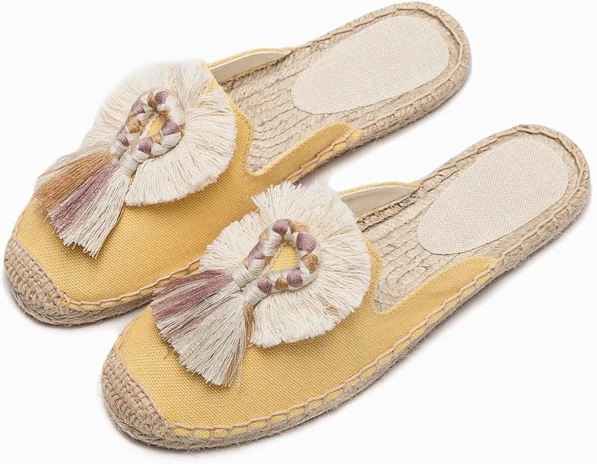 Flat Espadrillles Mules - Comfortable Women's Mules Shoes Breathable Women's Mule Embroidered Ball Decorative Rubber Outsole, Suitable for Outdoor and Indoor Wearing
