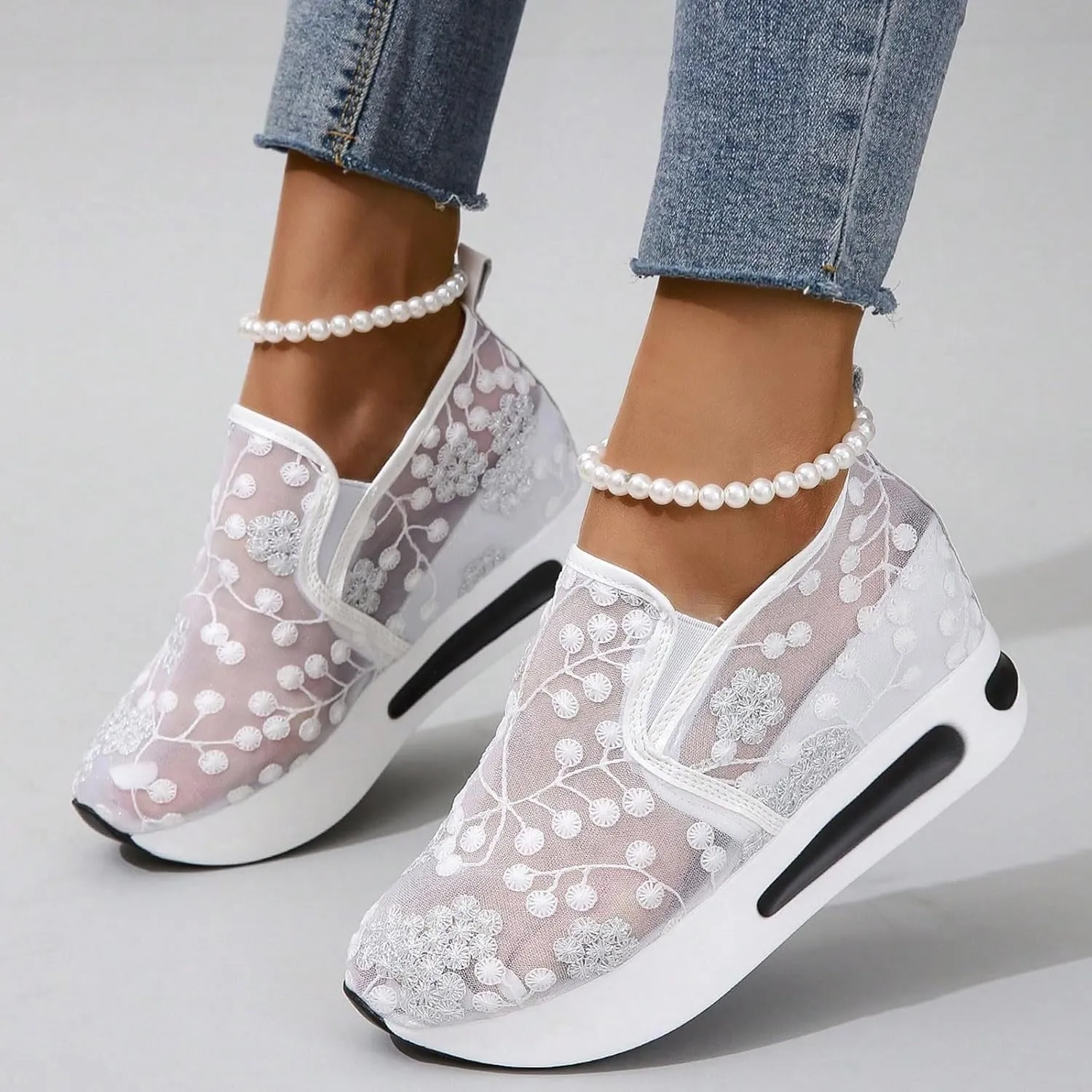 Floral Embroidery Sheer Mesh Lace Sneakers,Fashion Dressy Sneakers for Women,Casual Shoes Breathable Loafers Sneakers Platform,Walking Shoes Women Arch Support Slip On Sneakers