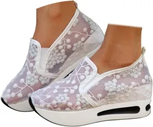 Floral Embroidery Sheer Mesh Lace Sneakers,Fashion Dressy Sneakers for Women,Casual Shoes Breathable Loafers Sneakers Platform,Walking Shoes Women Arch Support Slip On Sneakers