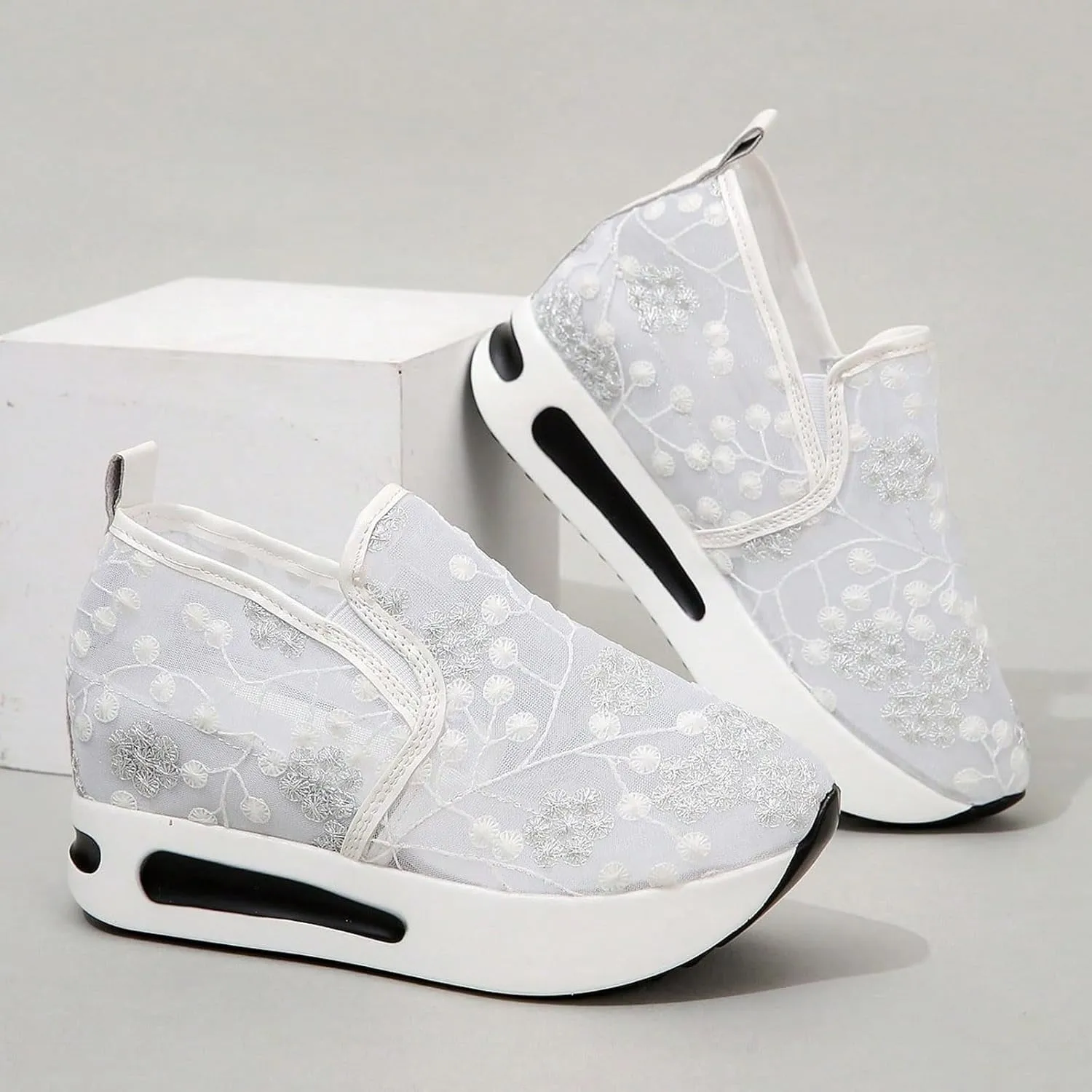 Floral Embroidery Sheer Mesh Lace Sneakers,Fashion Dressy Sneakers for Women,Casual Shoes Breathable Loafers Sneakers Platform,Walking Shoes Women Arch Support Slip On Sneakers