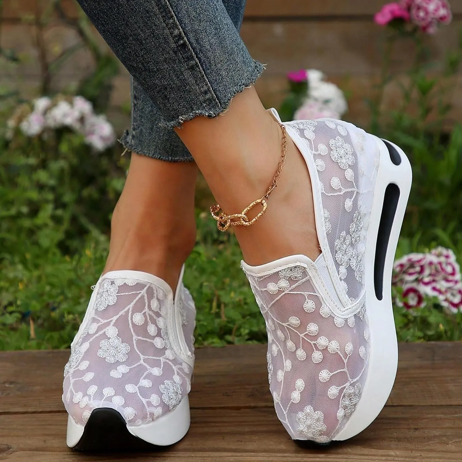 Floral Embroidery Sheer Mesh Lace Sneakers,Fashion Dressy Sneakers for Women,Casual Shoes Breathable Loafers Sneakers Platform,Walking Shoes Women Arch Support Slip On Sneakers