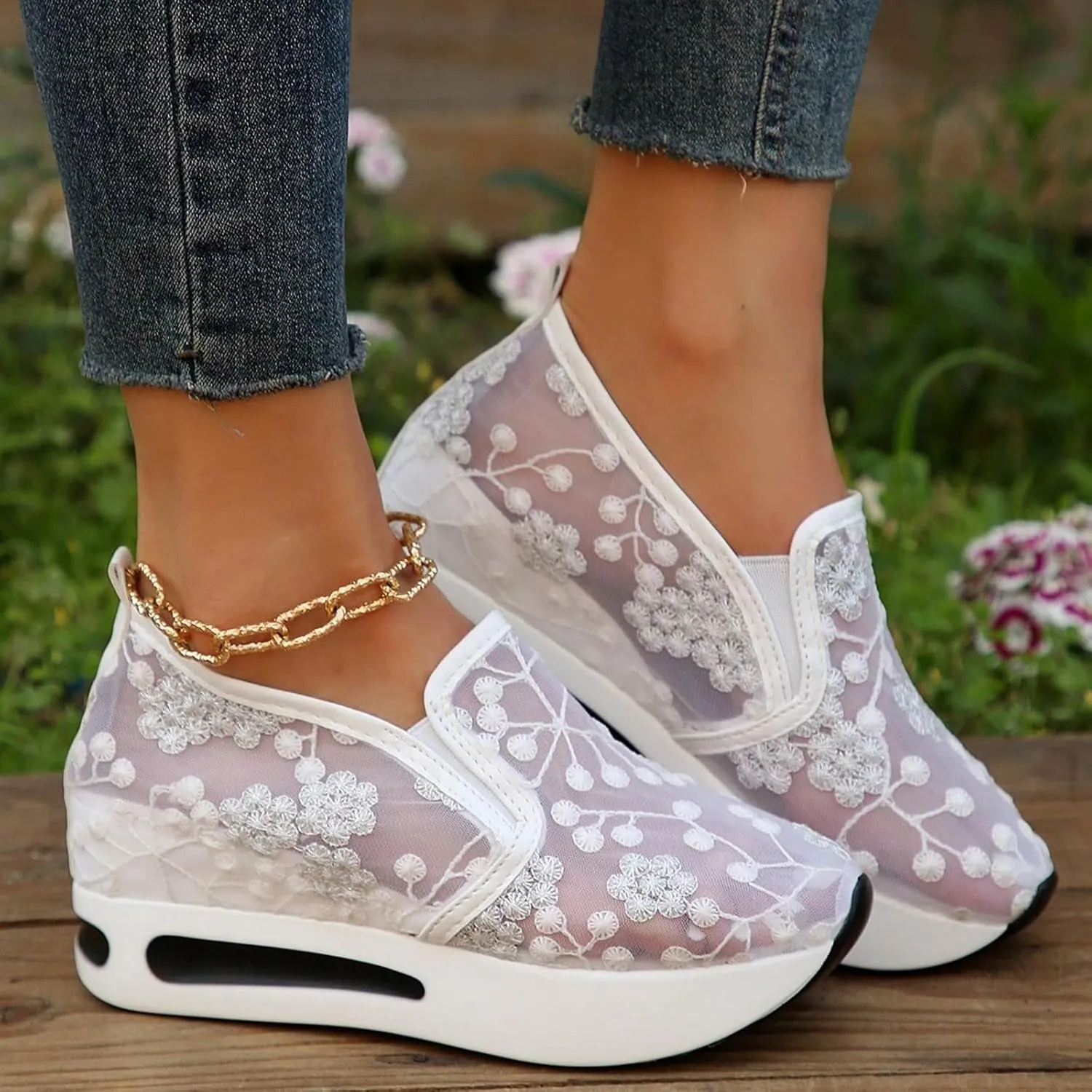 Floral Embroidery Sheer Mesh Lace Sneakers,Fashion Dressy Sneakers for Women,Casual Shoes Breathable Loafers Sneakers Platform,Walking Shoes Women Arch Support Slip On Sneakers