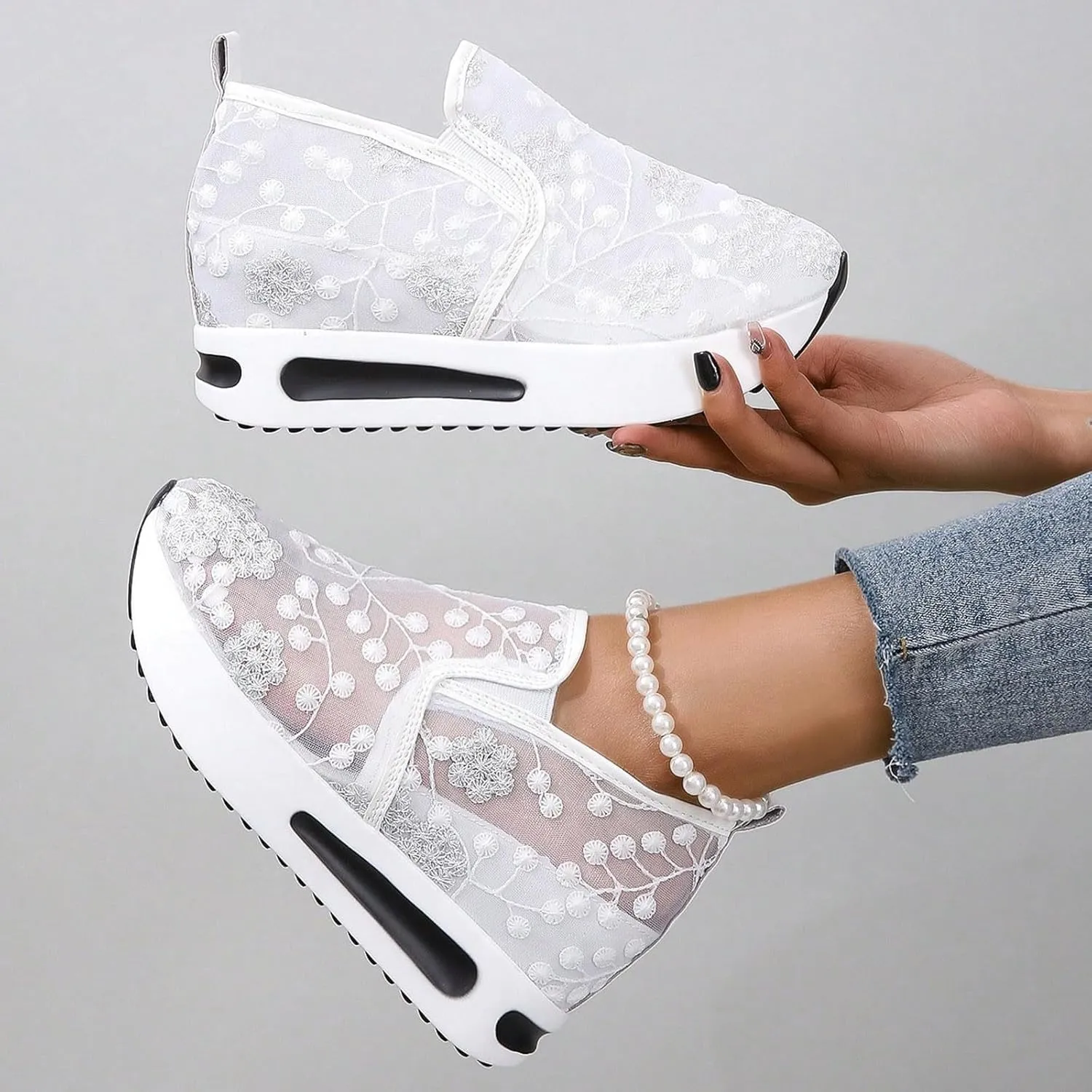 Floral Embroidery Sheer Mesh Lace Sneakers,Fashion Dressy Sneakers for Women,Casual Shoes Breathable Loafers Sneakers Platform,Walking Shoes Women Arch Support Slip On Sneakers