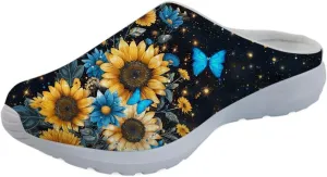 Forchrinse Blue Palm Tree Womens Slip on Clog Mule Walking Sneaker Mesh Soft Arch Support Slipper Work Nursing Shoes Lightweight