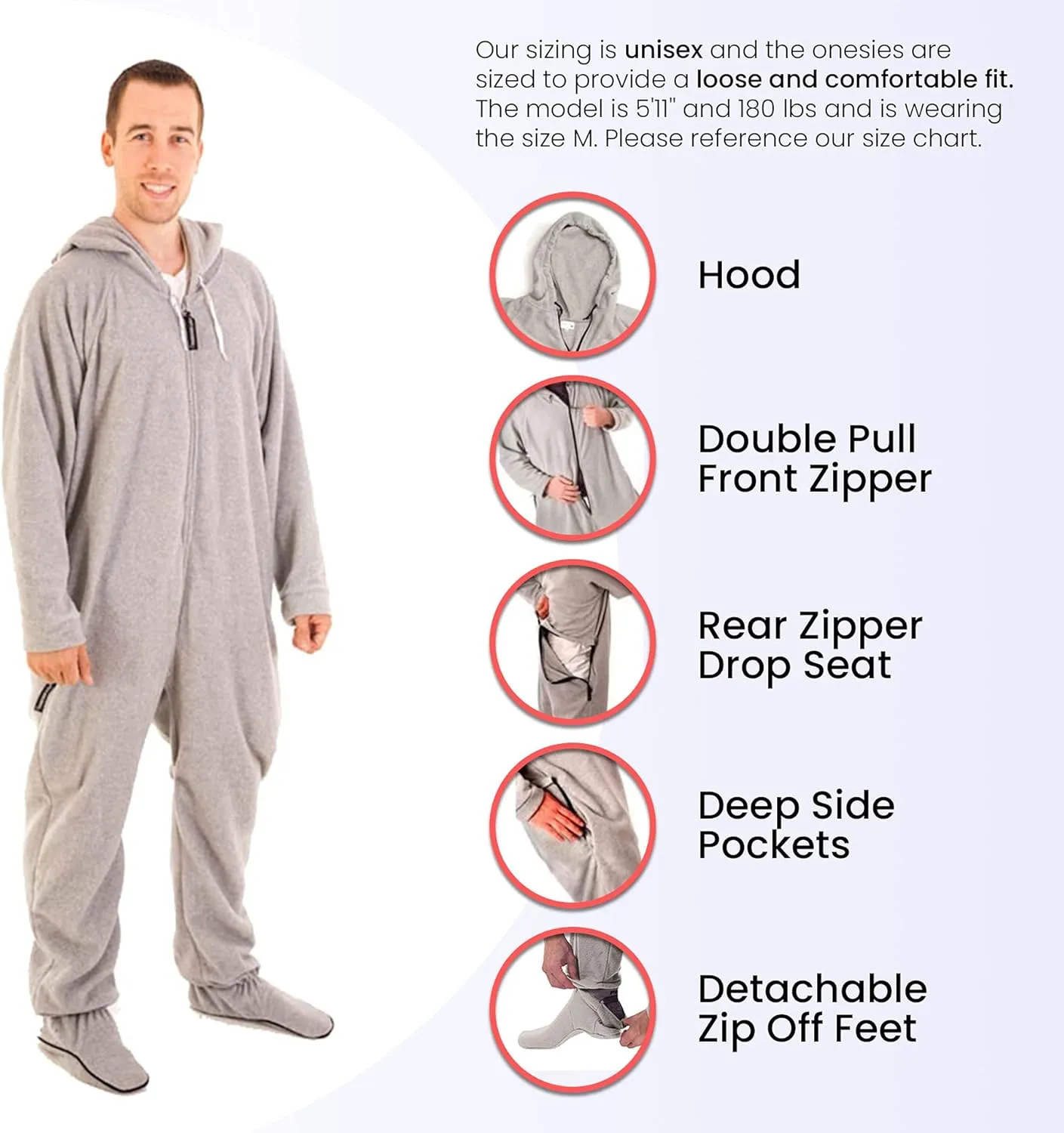 Forever Lazy Footed Adult Onesies, One-Piece Pajama Jumpsuits for Men and Women, Unisex. with Detachable Feet.