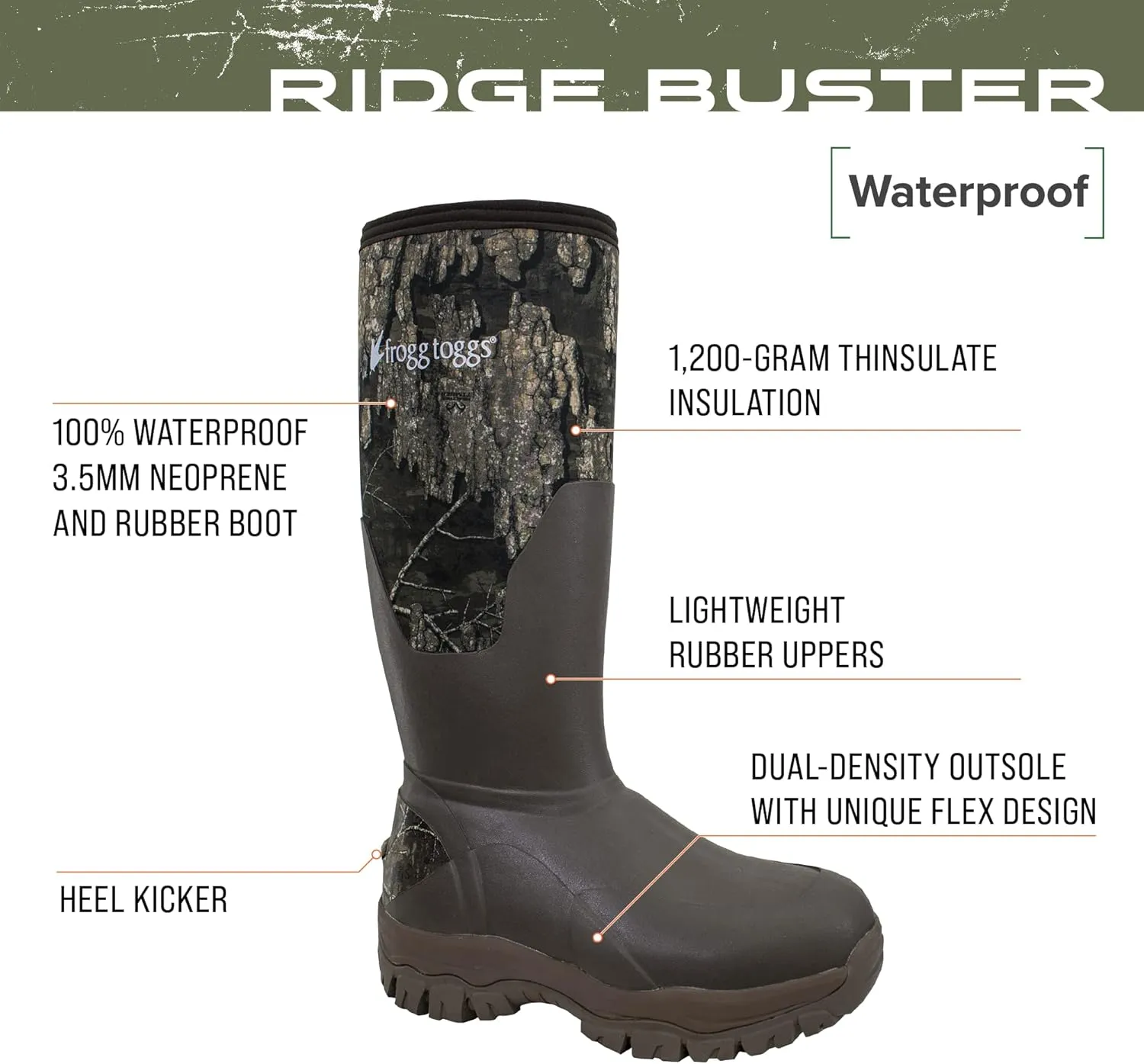 FROGG TOGGS Men's Ridge Buster Waterproof, Insulated Rubber Hunting Boot Neoprene and Thinsulate