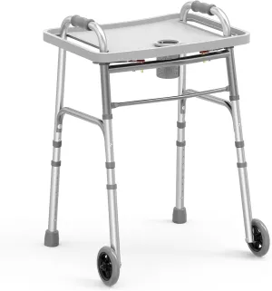 FSA/HSA Eligible Folding Walker with Tray, 5" Wheels Lightweight Walkers for Seniors and Adults, Supports Up to 350 Pounds, Adjustable Height, Compact Standard Walker, Silver