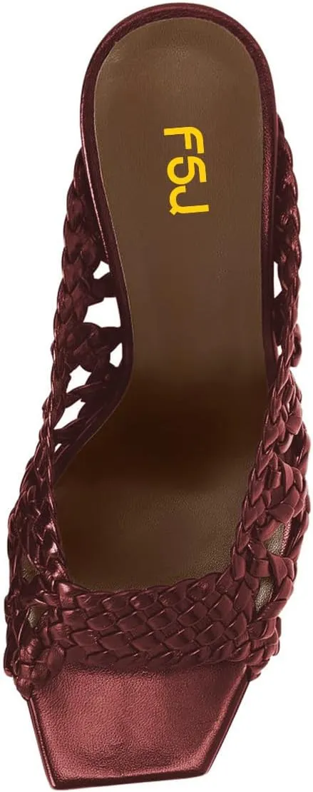 FSJ Women Braided Slip On Mules Square Open Toe Chunky Block Heels Comfortable Backless Heeled Sandals Casual Dressy Shoes Size 4-16 US