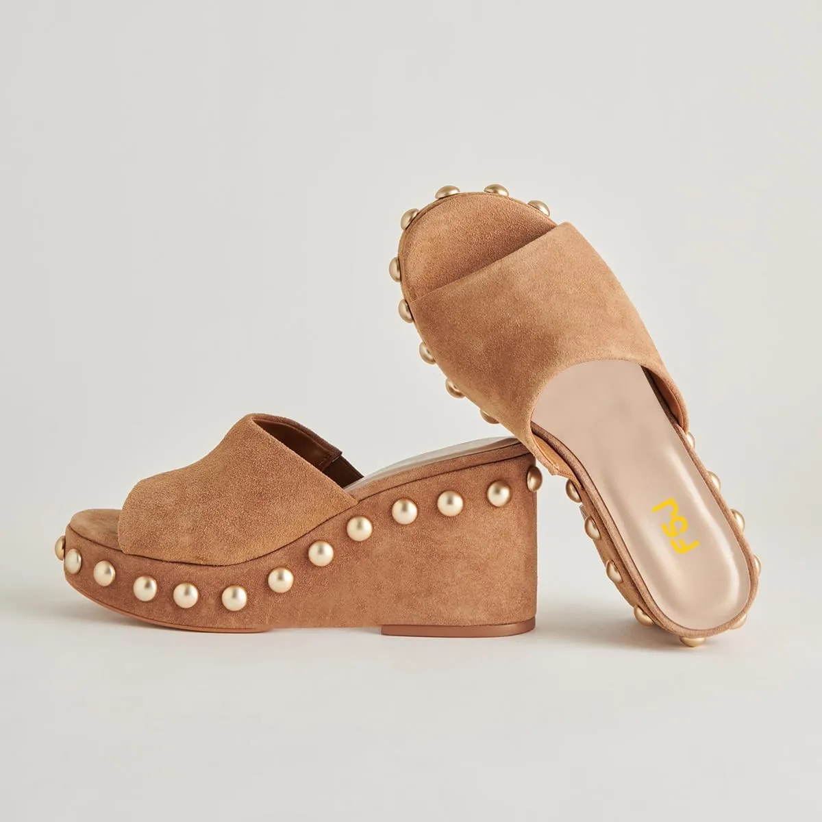 FSJ Women Classic Open Toe Wedge Heels Slide Heeled Sandals Studded Metal Rivets Slip On Mules Summer Casual Dress Shoes Size 4-16 US