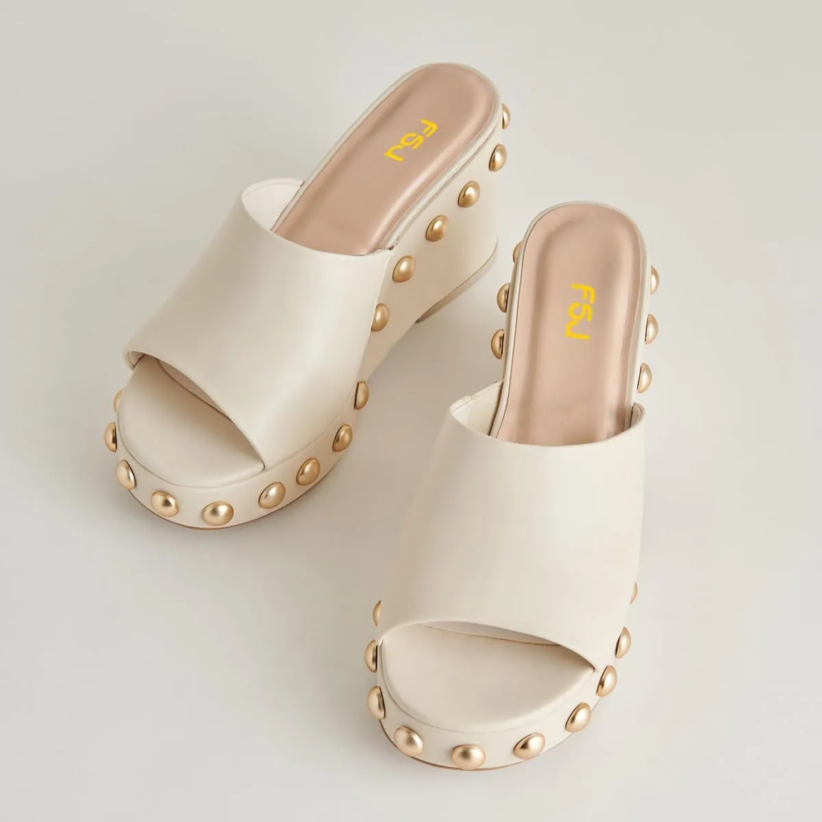 FSJ Women Classic Open Toe Wedge Heels Slide Heeled Sandals Studded Metal Rivets Slip On Mules Summer Casual Dress Shoes Size 4-16 US