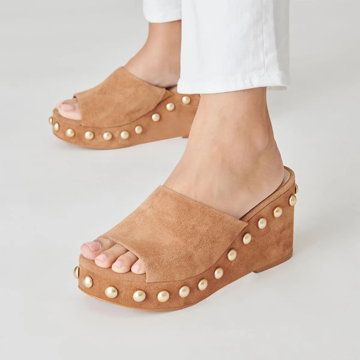 FSJ Women Classic Open Toe Wedge Heels Slide Heeled Sandals Studded Metal Rivets Slip On Mules Summer Casual Dress Shoes Size 4-16 US