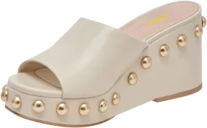 FSJ Women Classic Open Toe Wedge Heels Slide Heeled Sandals Studded Metal Rivets Slip On Mules Summer Casual Dress Shoes Size 4-16 US