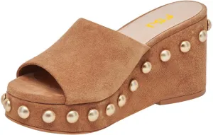 FSJ Women Classic Open Toe Wedge Heels Slide Heeled Sandals Studded Metal Rivets Slip On Mules Summer Casual Dress Shoes Size 4-16 US