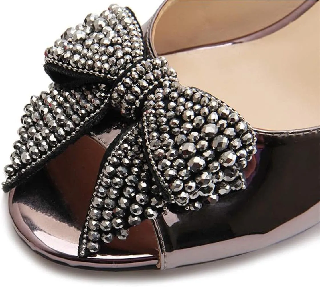 FSJ Women Rhinestone Bow Low Heel Mule Sandals Peep Toe Crystal Block Heel Slipper Shoes for Comfort Wedding Slides Size 4-16 US