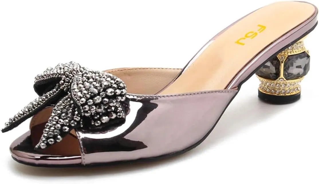 FSJ Women Rhinestone Bow Low Heel Mule Sandals Peep Toe Crystal Block Heel Slipper Shoes for Comfort Wedding Slides Size 4-16 US