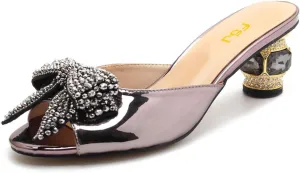 FSJ Women Rhinestone Bow Low Heel Mule Sandals Peep Toe Crystal Block Heel Slipper Shoes for Comfort Wedding Slides Size 4-16 US