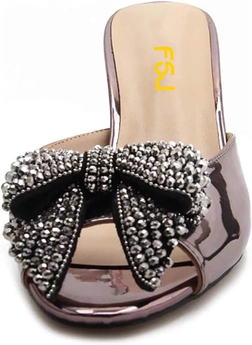 FSJ Women Rhinestone Bow Low Heel Mule Sandals Peep Toe Crystal Block Heel Slipper Shoes for Comfort Wedding Slides Size 4-16 US