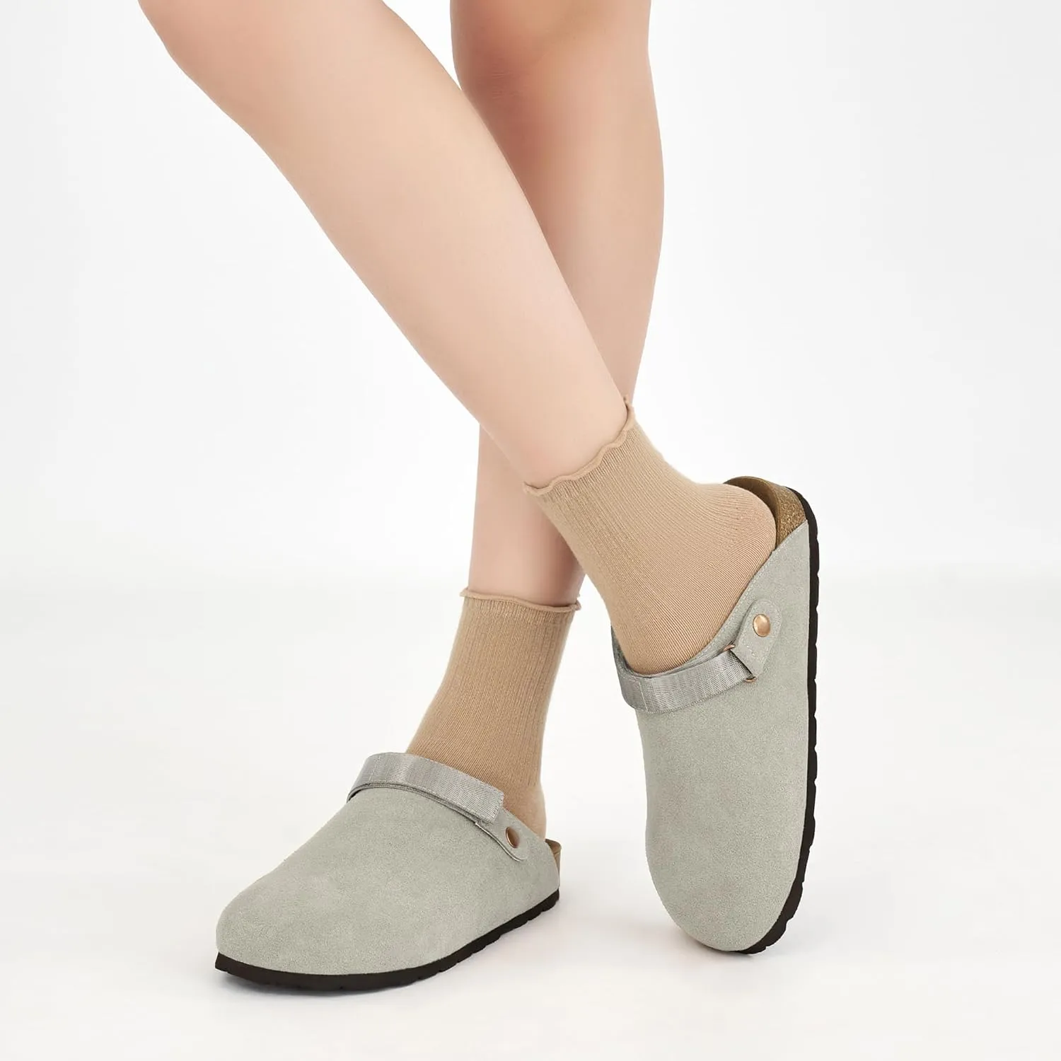 FUDYNMALC Womens Clogs Slip On Shoes: Suede Cork Footbed Mules Women 2025 Potato Slippers with Adjustable Swivel Strap